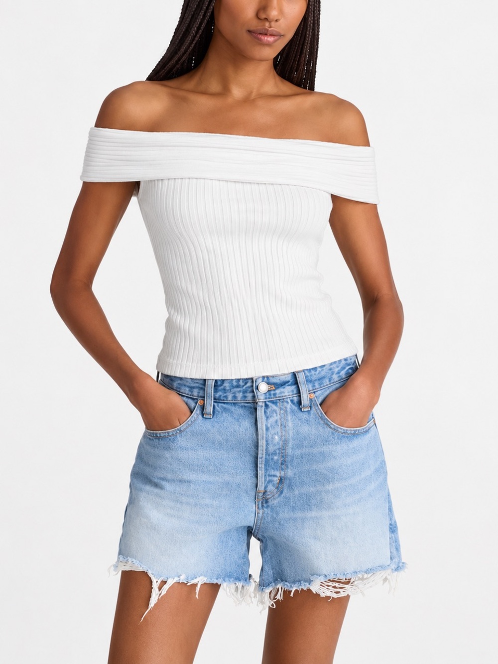 Madewell Women’s White Ribbed Off-the-Shoulder Foldover Stretch Top Size M NWT